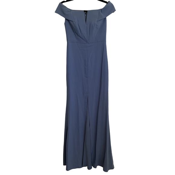 NWT Dessy Collection Off The Shoulder Notch Trumpet Gown in Lark Blue 3038 - Picture 2 of 12